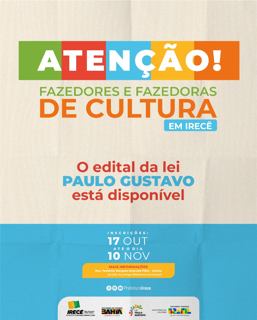 Prefeitura de Irecê divulga Edital da Lei Paulo Gustavo (LPG)