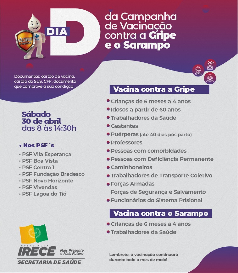 Prefeitura vai realizar Dia D de vacinação contra Gripe e Sarampo