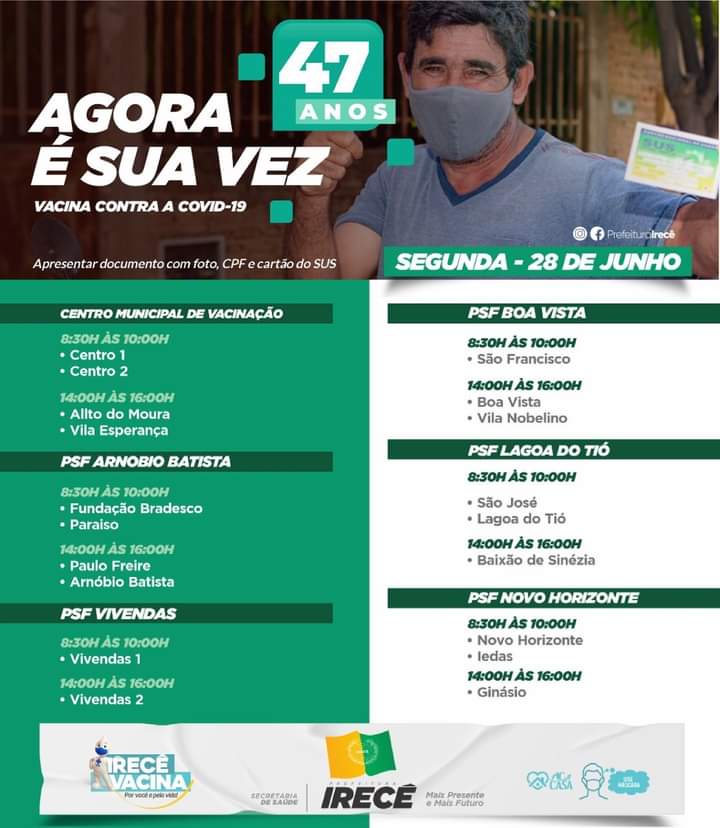 A vacinação segue avançando! E agora é a vez de vacinar as pessoas com 47 anos.